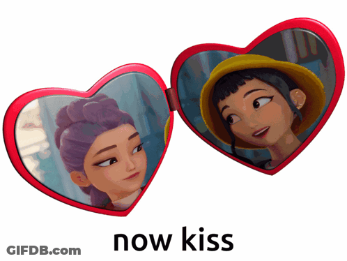 Heart Shaped Mirror With Girl Saying Now Kiss GIF