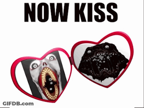 Heart Shaped Mirror With Monster And Now Kiss GIF