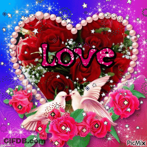 Heart Surrounded By Roses Saying Love GIF