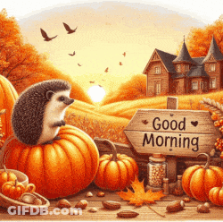 Hedgehog Sitting On Pumpkin Saying Good Morning GIF
