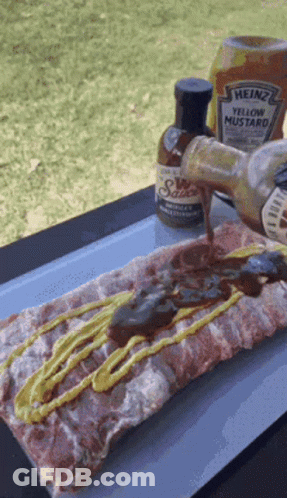 Heinz Yellow Mustard Bottle Pouring On Meat GIF