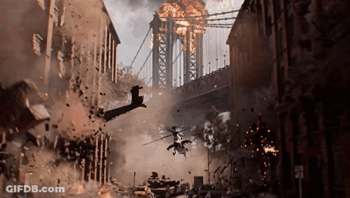 Helicopter Flying Over Destroyed City With Bridge GIF