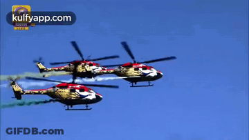Helicopters Flying In Formation With Kulfyapp Logo GIF