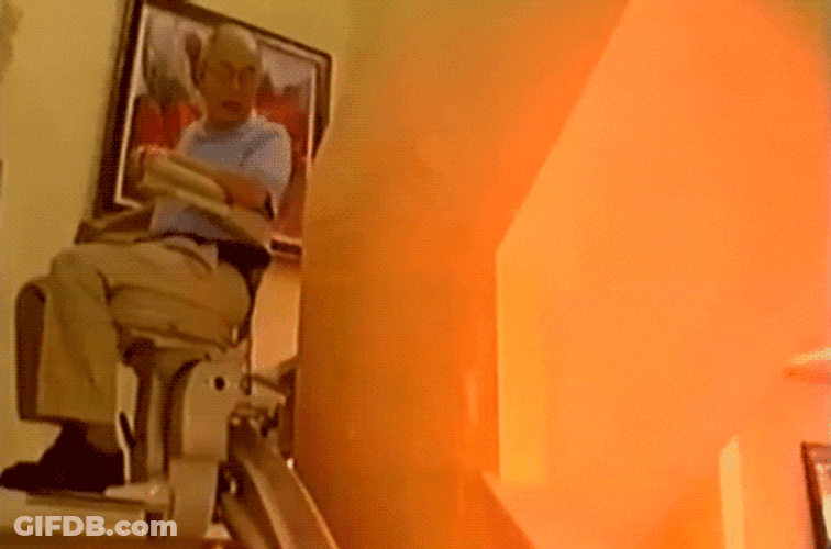 Hell Fire Baby Boomer Riding Stair Lift GIF