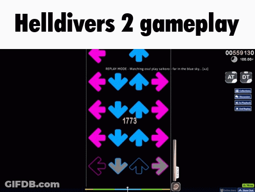 Helldivers 2 Gameplay With Arrows Pointing Opposite Directions GIF