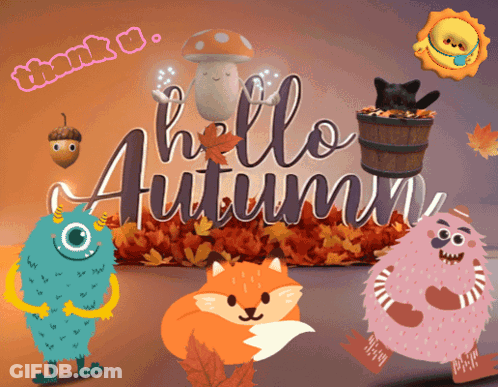 Hello Autumn Sign With Monsters And Leaves GIF