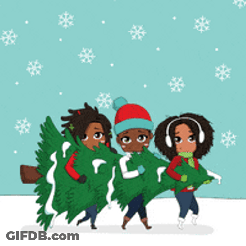 Hello December Folks Carrying Christmas Tree GIF