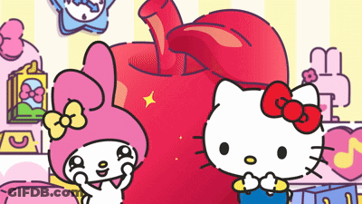 Hello Kitty And My Melody Are Standing Next To A Red Apple GIF