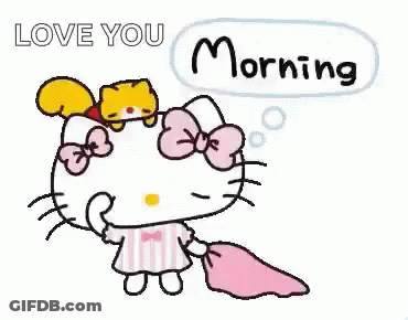 Hello Kitty Holding Pillow With Cat On Head Saying Love You Morning GIF