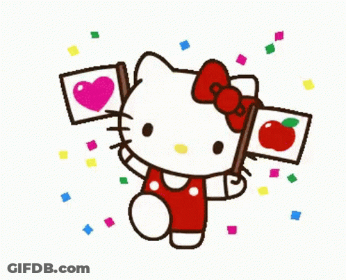 Hello Kitty Holding Two Flags With Hearts And Apples GIF