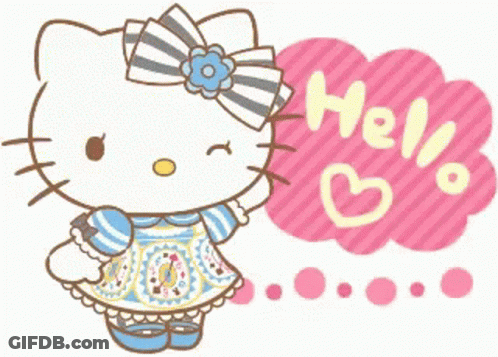 Hello Kitty In Blue-White Dress Pink Heart Bubble GIF