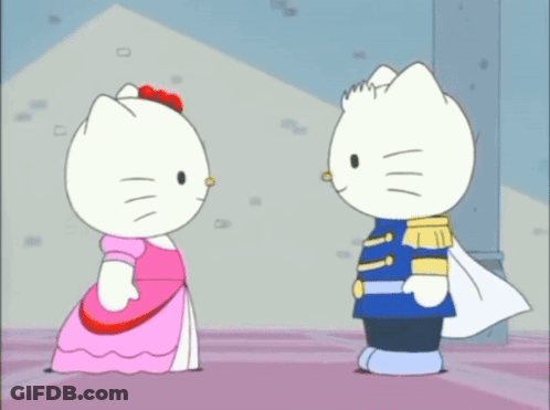 Hello Kitty In Pink Dress And White Cat In Blue Cape GIF