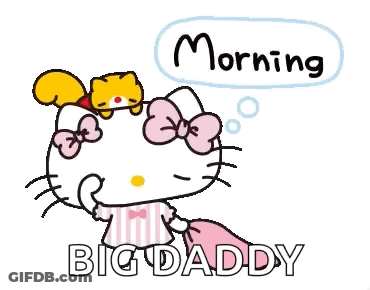 Hello Kitty Is Holding A Pillow And A Squirrel On Her Head And Says `` Morning Big Daddy '' . GIF