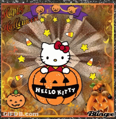 Hello Kitty Is Sitting In A Pumpkin With Candy Corn And Stars GIF
