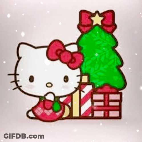 Hello Kitty Is Sitting Next To A Christmas Tree And A Pile Of Presents . GIF