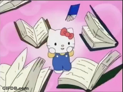 Hello Kitty Is Surrounded By Books On A Pink Background . GIF