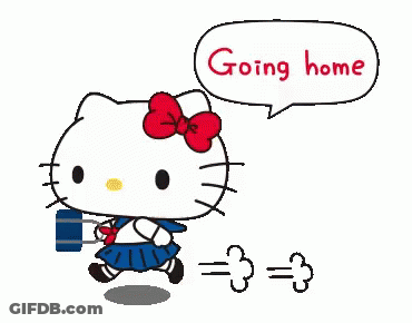 Hello Kitty Is Walking With A Blue Bag And A Speech Bubble That Says Going Home GIF