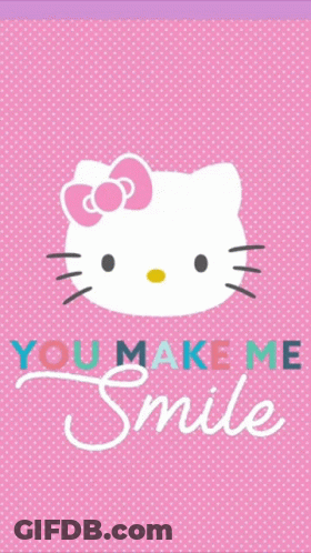 Hello Kitty On A Pink Polka Dot Background With The Words You Make Me Smile GIF