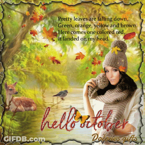 Hello October Card Woman In Hat And Scarf GIF