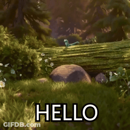 Hello On Green Background With Dinosaur GIF