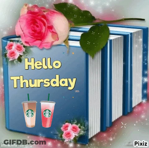 Hello Thursday Greeting Card With Book And Flowers GIF