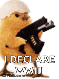 Helmeted Chicken Holding Gun Declares WWIII GIF