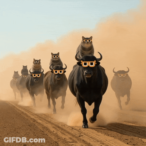 Herd Of Bulls And Cats In Sunglasses GIF