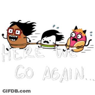 Here We Go Again Cartoon Characters Pulling Each Other GIF