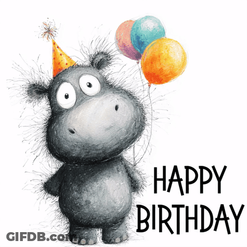 Hippo Holding Three Balloons Happy Birthday GIF