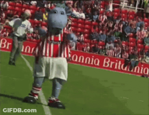 Hippo Mascot On Soccer Field Saying Britain GIF
