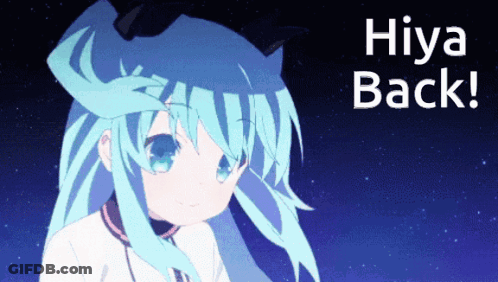 Hiya Back Written On A Blue Background With A Girl GIF