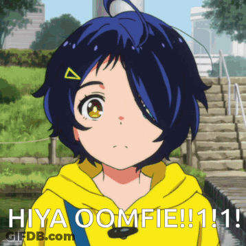 Hiya Oomfie !! 1 ! Is Written On A Picture Of A Girl In A Yellow Hoodie GIF