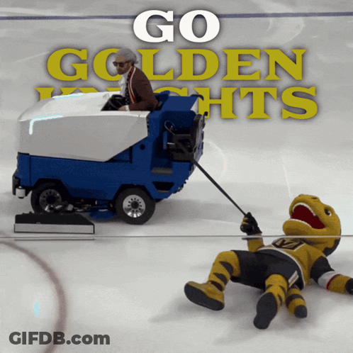 Hockey Mascot Laying On Ice Next To Machine Saying Go Golden Lights GIF