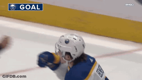 Hockey Player Celebrating Goal In Sabres Uniform GIF