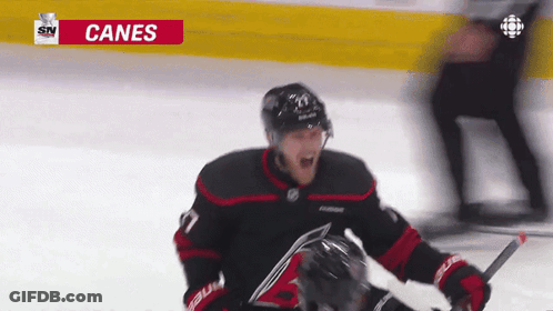 Hockey Player Celebrating Goal With Canes Advertisement GIF