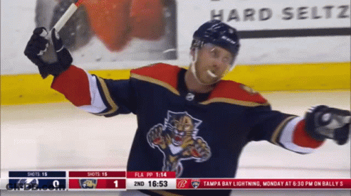 Hockey Player Holding Stick In Front Of Hard Seltz Sign GIF