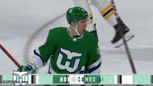 Hockey Player In Green Hurricanes Jersey Holding Stick GIF