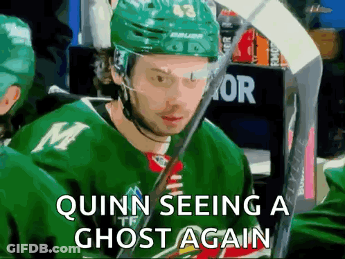 Hockey Player In Green Jersey Saying Quinn Sees Ghost GIF