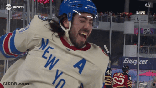Hockey Player In New York Jersey Celebrates Goal GIF