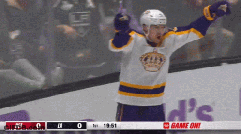 Hockey Player In Purple And Yellow Jersey Celebrates Goal GIF