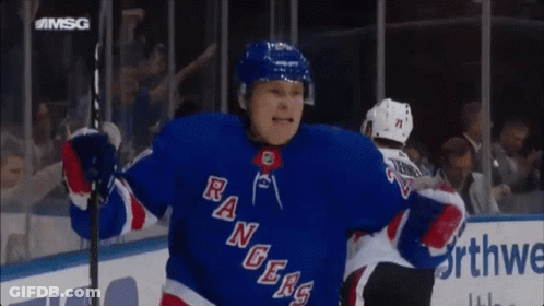 Hockey Player In Rangers Jersey Celebrates Goal GIF