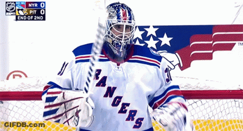 Hockey Player In Rangers Jersey Holding Stick GIF