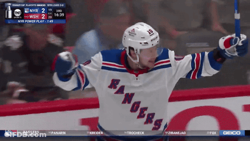 Hockey Player In Rangers Jersey Holding Stick GIF