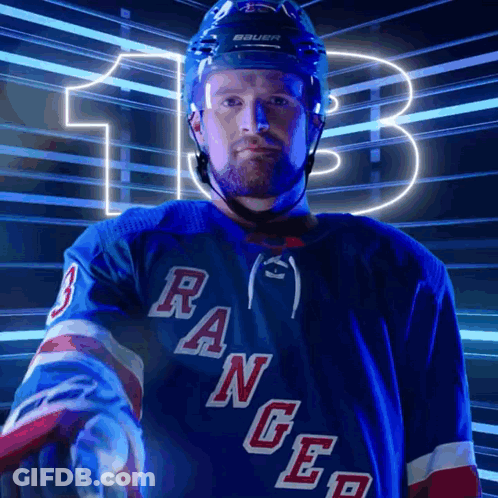 Hockey Player In Rangers Jersey Pointing To Camera GIF