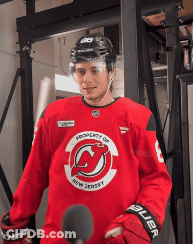 Hockey Player In Red Jersey Saying Property Of New Jersey GIF