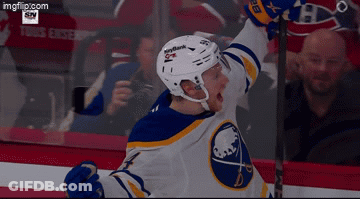 Hockey Player In Sabres Jersey Celebrates Goal GIF