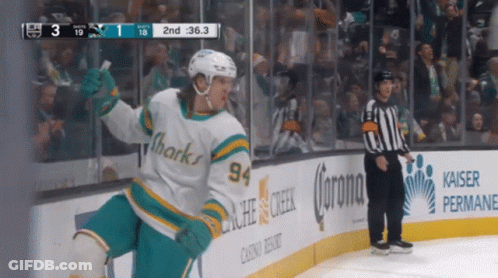 Hockey Player In Sharks Jersey Celebrates Goal GIF
