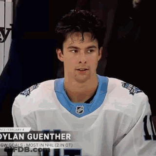Hockey Player In White And Blue Jersey Sitting In Stands GIF