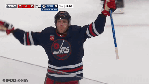Hockey Player Jets Jersey Celebrating Arms Raised GIF