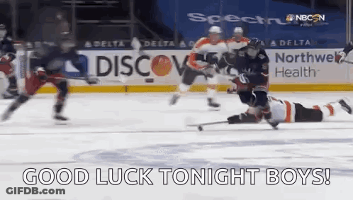 Hockey Player Laying On Ice Saying Good Luck Tonight Boys GIF